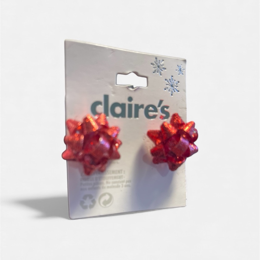 Claires Red Gift Bow Stud Earrings  Glitter Christmas Holiday Present - NWT *